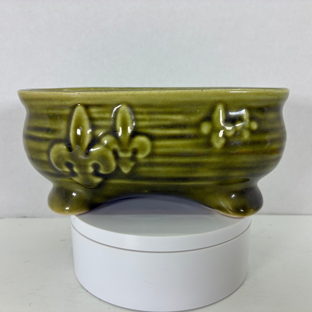Vintage Olive Green Fleur De Lis Ceramic Footed Planter Drip Glaze Trough Pot